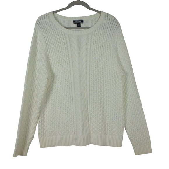 Lands' End Cable Sweater Drifter Knit Womens Cotton White Fisherman NWT $89 XL/P - Picture 1 of 7